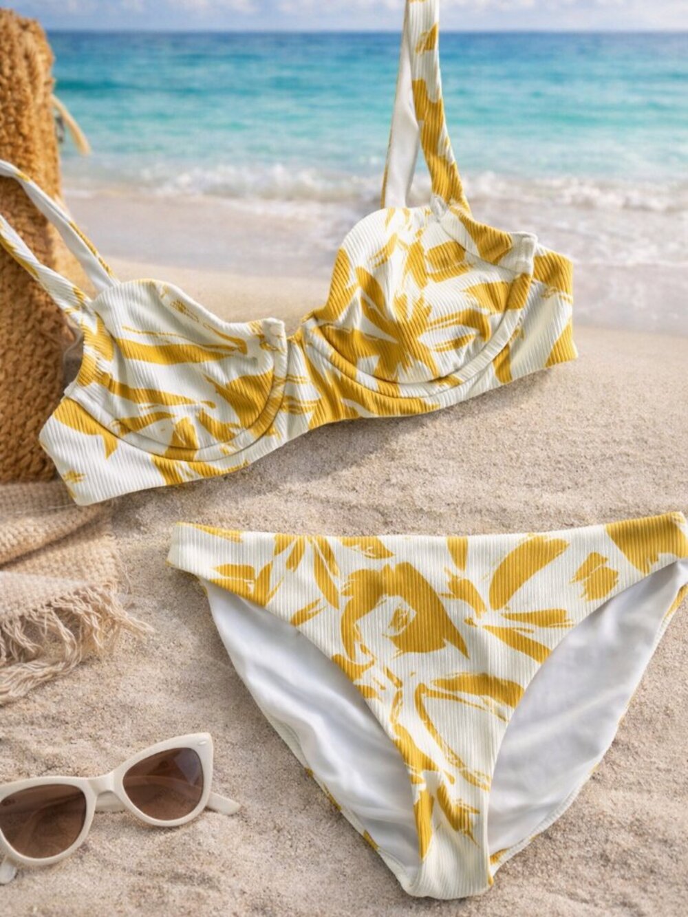 Vitamin A Underwire Bikini Set Yellow Leaf Print  White Ribbed Fabric Beach Swim